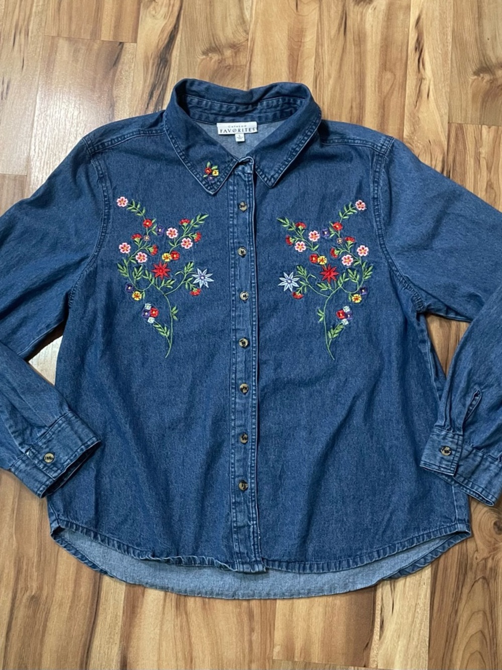 Vintage Catalog Favorites Denim Button Down Floral Embroidery Cottagecore Top